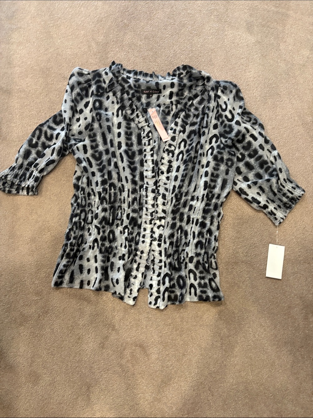 Violet & Claire Gray and Black Animal Print Ruffled Blouse
